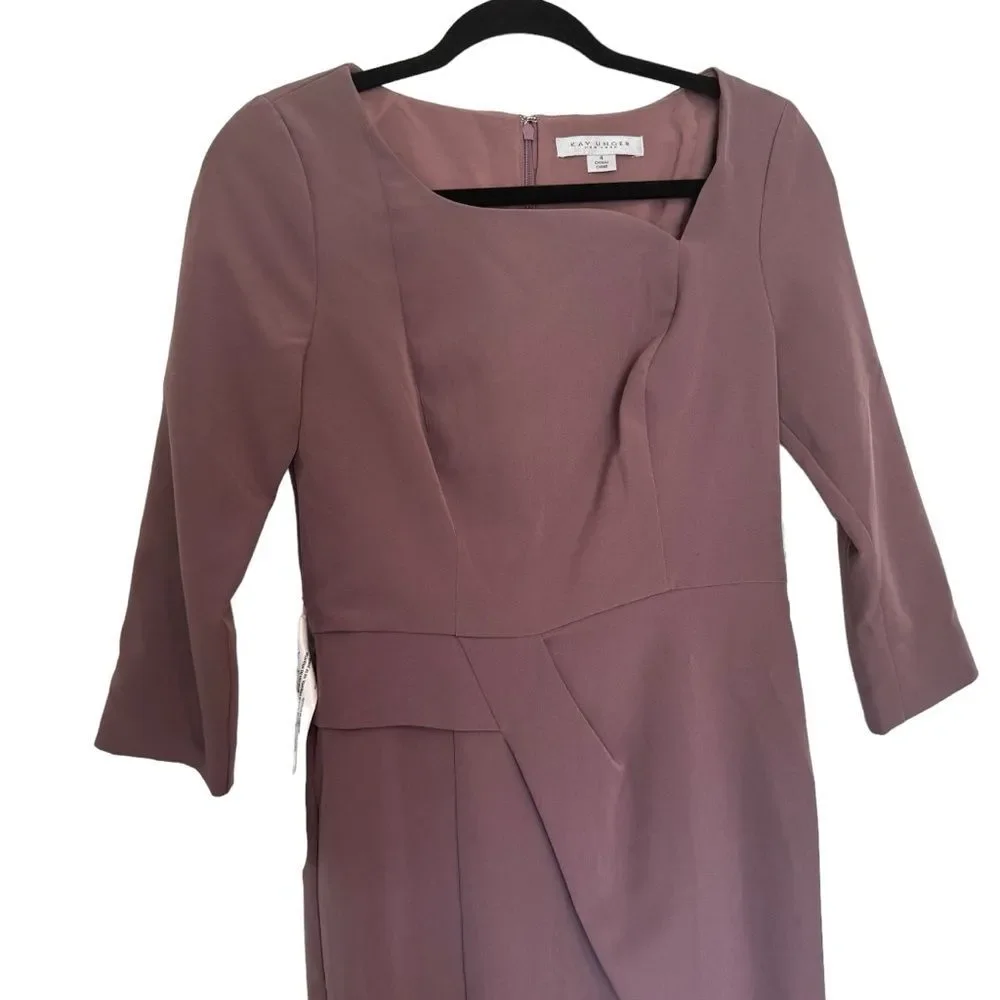 NWT KAY UNGER Size 4 Anya Asymmetric Crepe Midi-Dress - Mink color